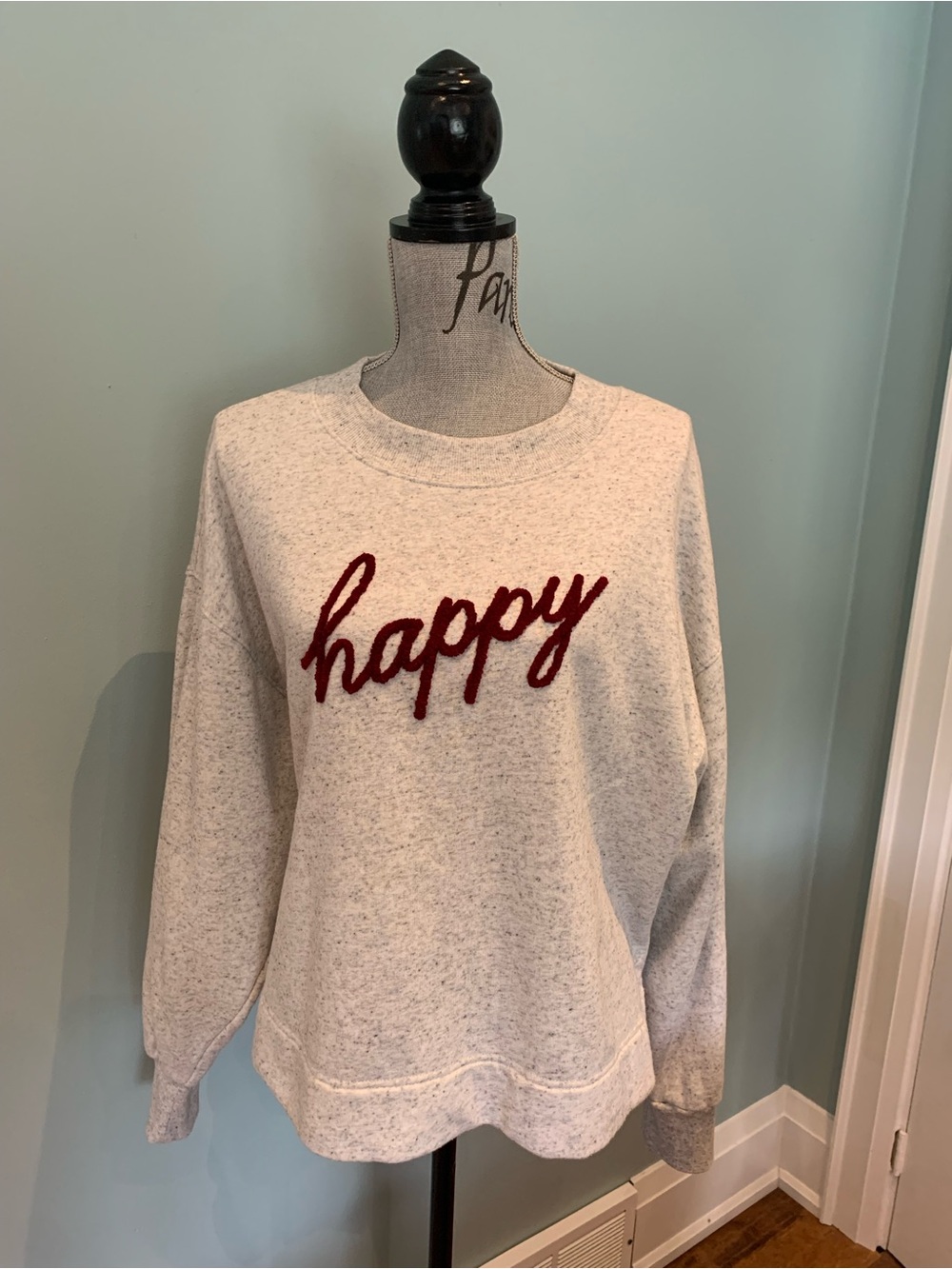 Old Navy Ivory Crewneck Sweater with Burgundy'happy' Script
